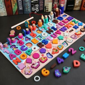 Joc educativ din lemn Montessori-litere, cifre, forme geometrice