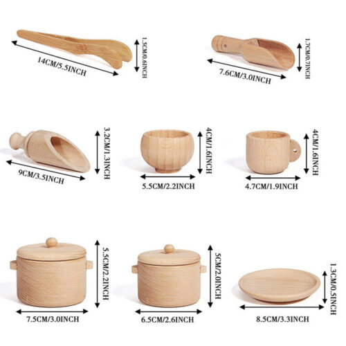 Set jucarii senzoriale vase si lingura lemn Montessori/Waldorf