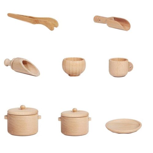 Set jucarii senzoriale vase si lingura lemn Montessori/Waldorf